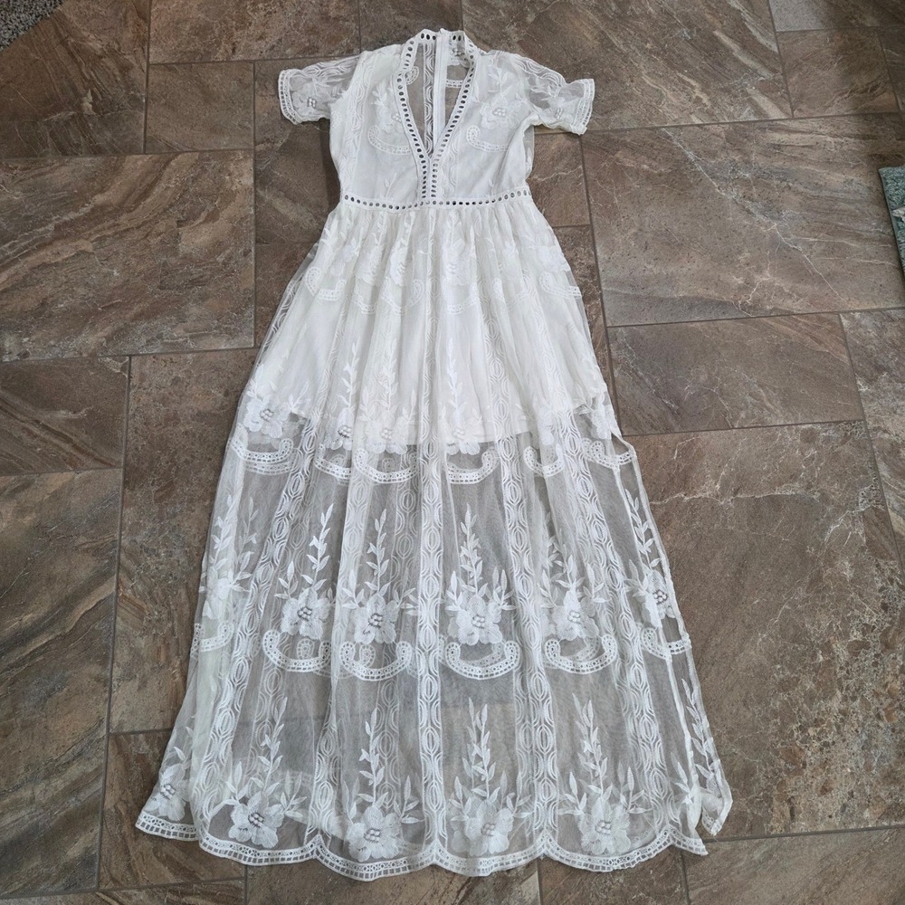 White Floral Lace Maxi Dress Short Sleeve V-Neck Boho Bridal Wedding Event Small